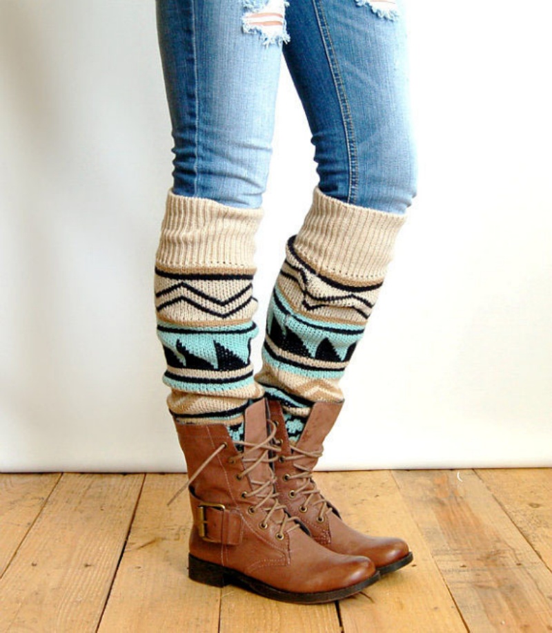 Geometric Pattern Knit Leg Warmers Womens Warm Patchwork Boot Socks